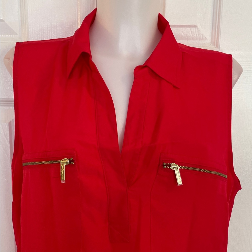 MICHAEL KORS SLEEVELESS V-NECK BRIGHT RED TOP W/ GOLD ZIPPERS HI LOW SZ XL